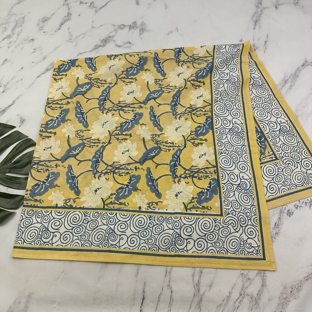 Natural Habitat Floral Tablecloth Yellow Blue Cotton 60 in Square Boho Cottage